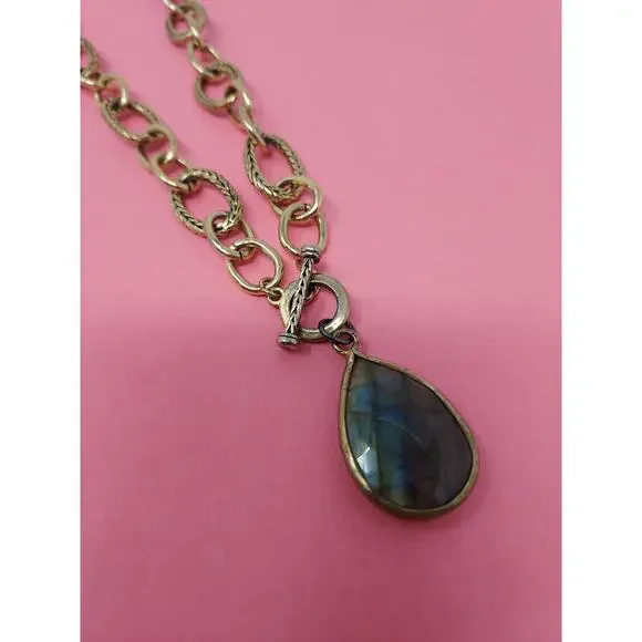 Labradorite Charm on Ralph Lauren Old Gold Chain Necklace VTG "RL" on Toggle End - Picture 2 of 9